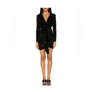 Alexia Admor Black‎ Velvet Ruched Wrap V Neck Long Sleeve Mini Dress evening M